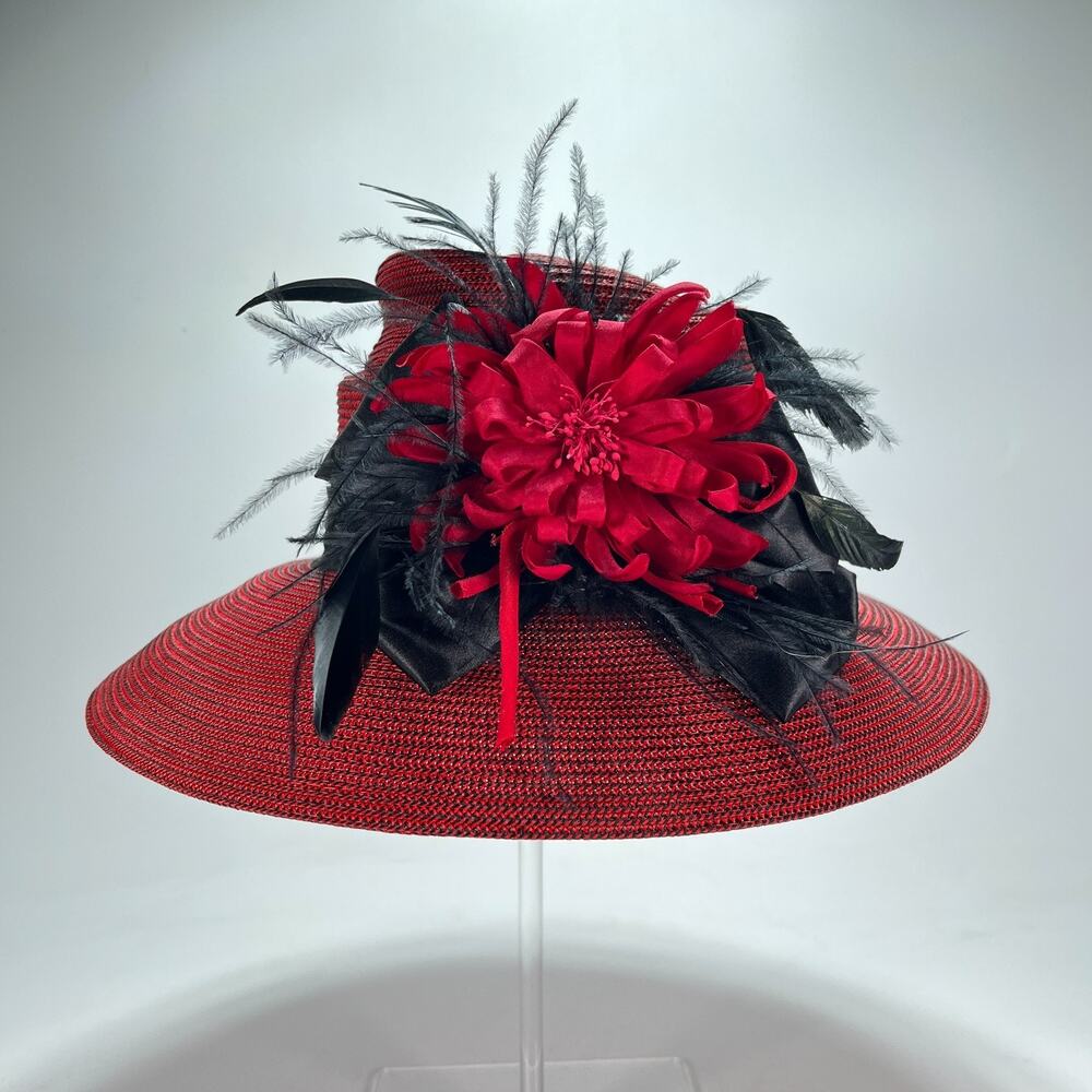 Red Black Summer Wide Brim Woven Straw Dress Hat Feathers Flower Accent Women's
